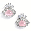 Pink American Diamond Triangular Shaped Rhodium-Plated with Silver-Tone Studs Earrings