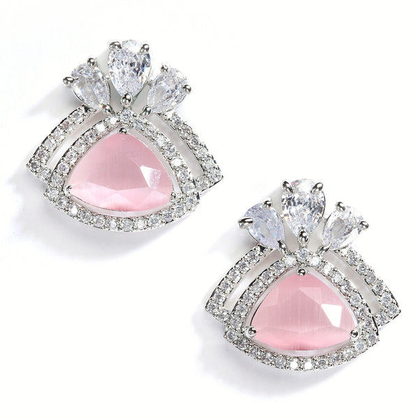 Pink American Diamond Triangular Shaped Rhodium-Plated with Silver-Tone Studs Earrings