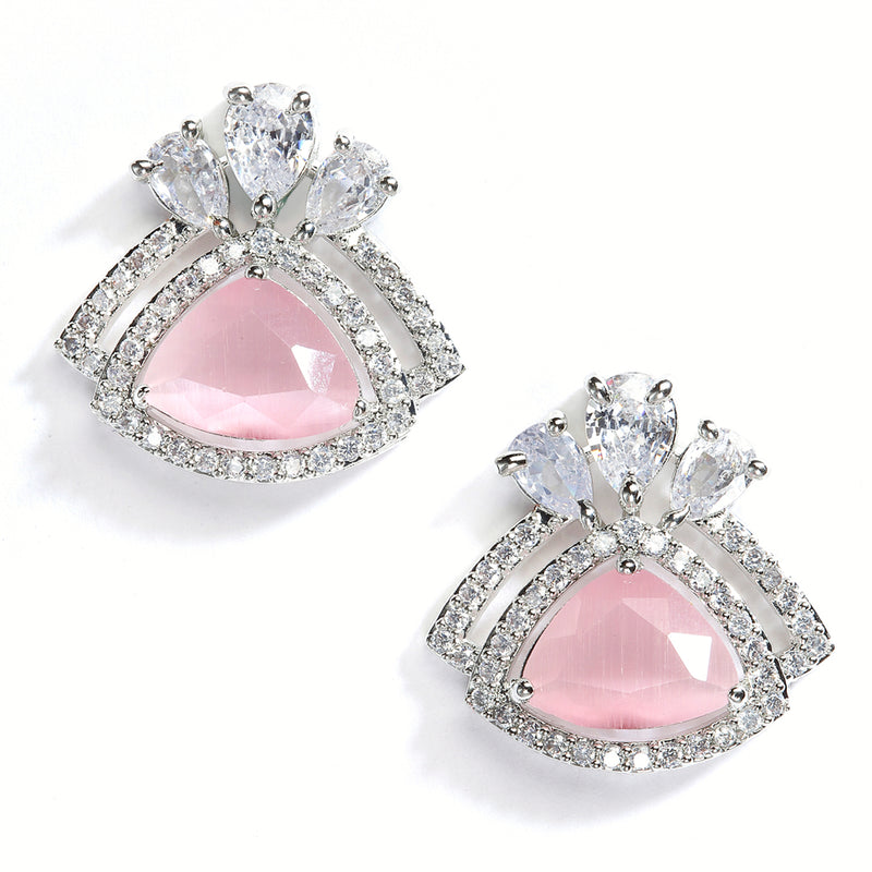 Pink American Diamond Triangular Shaped Rhodium-Plated with Silver-Tone Studs Earrings