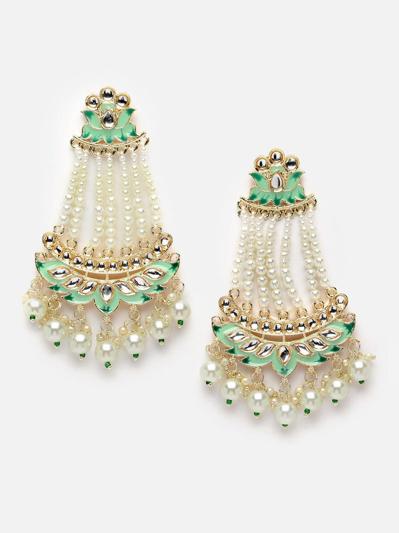 Gold-Plated White Pearls studded & Sea Green Enamelled Floral Shaped Drop Earrings