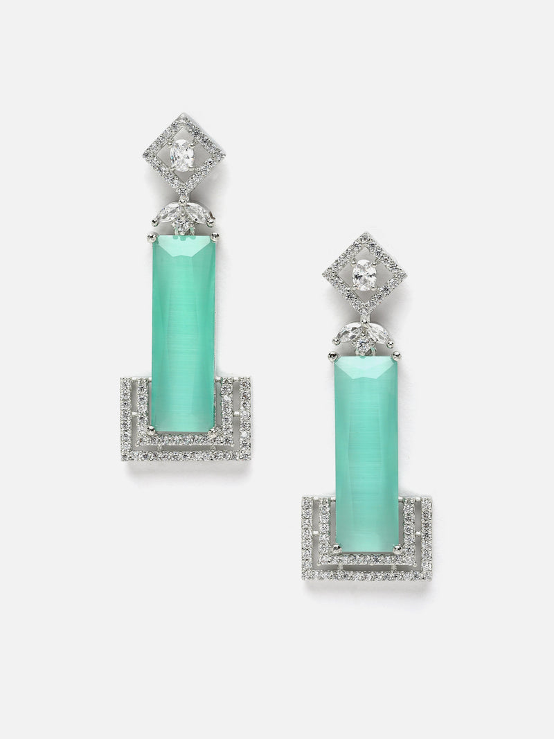 Rhodium-Plated Sea Green American Diamond studded Rectangular Shaped Drop Earrings