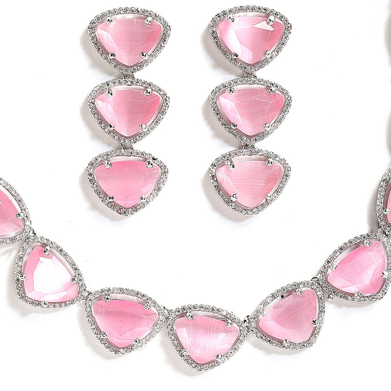 Rhodium-Plated with Silver-Tone Pink American Diamond Studded Jewellery Set