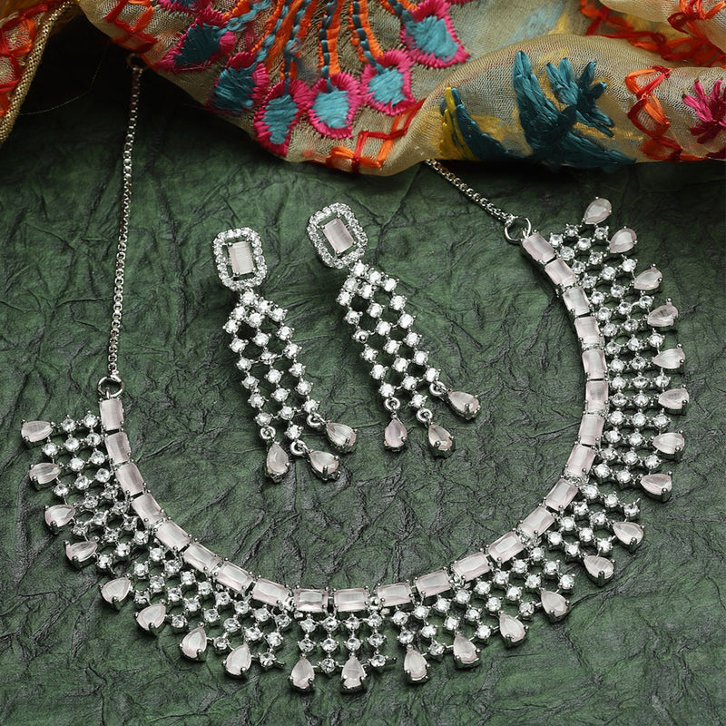 Rhodium-Plated with Silver-Tone Pink & White American Diamond Studded Jewellery Set