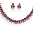 Rhodium-Plated with Oxidised Silver-Tone Red American Diamond-Studded & Pearl Beaded Jewellery Set