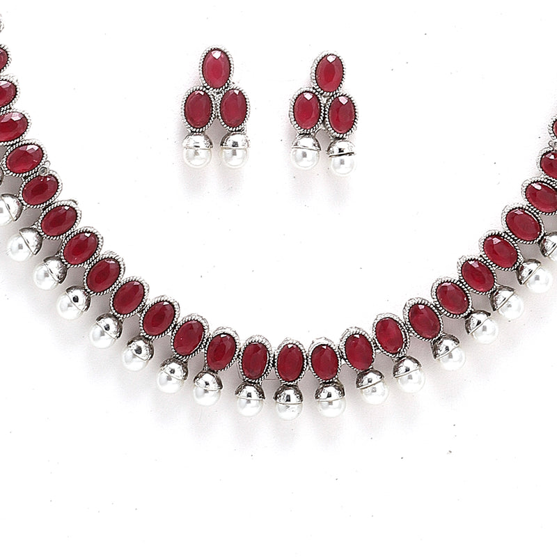 Rhodium-Plated with Oxidised Silver-Tone Red American Diamond-Studded & Pearl Beaded Jewellery Set