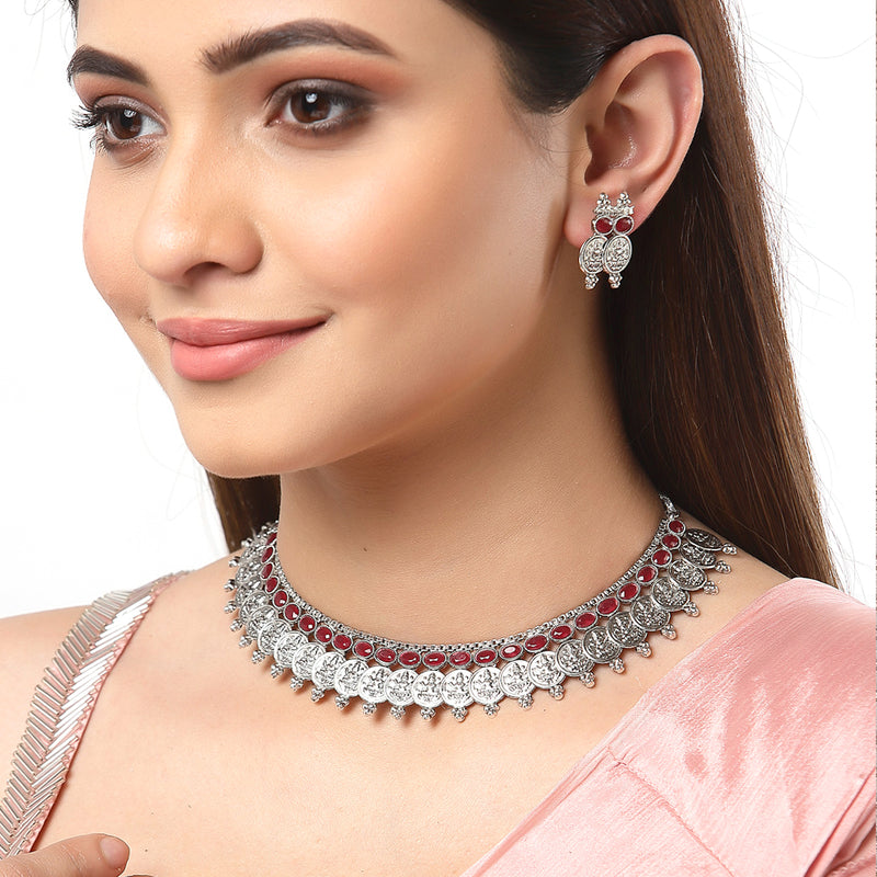Temple Coin Rhodium-Plated with Silver-Tone Red Kundan-Studded  Jewellery Set