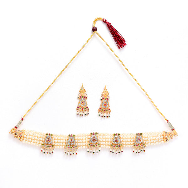 Gold Plated Pearls Beaded Layered Jadau Necklace Set With Earrings