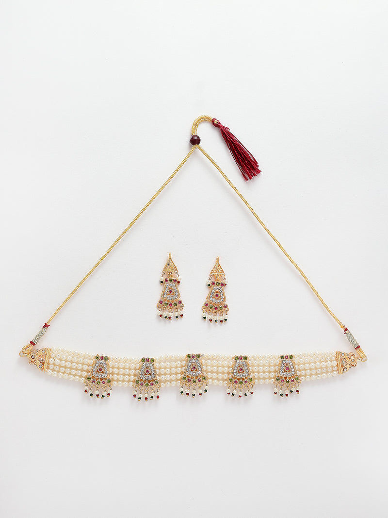 Gold Plated Pearls Beaded Layered Jadau Necklace Set With Earrings