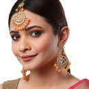 Gold-Plated Orange Pearl & Kundan Studded Maang Tikka With Earrings