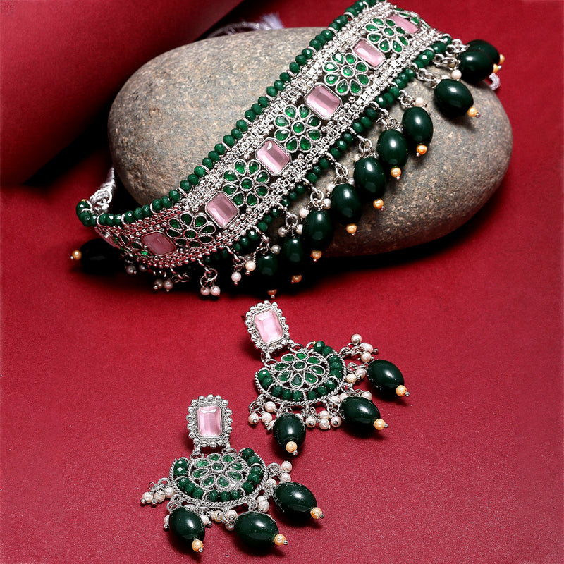 Rhodium-Plated with Silver-Tone Green & Pink Stone-Studded Traditional Choker