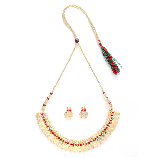 Gold Plated Traditional Red Temple Coin Necklace Set With Earrings