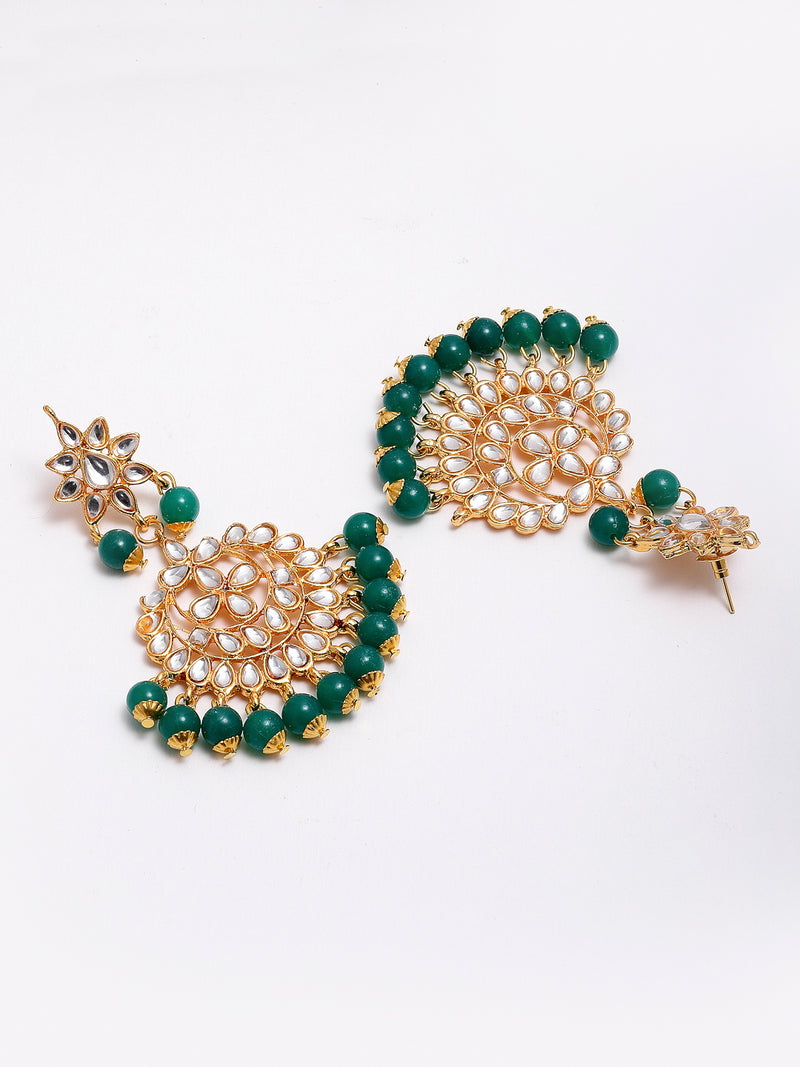 Gold Plated & Green Kundan Studded Earrings & Maangtikka Set