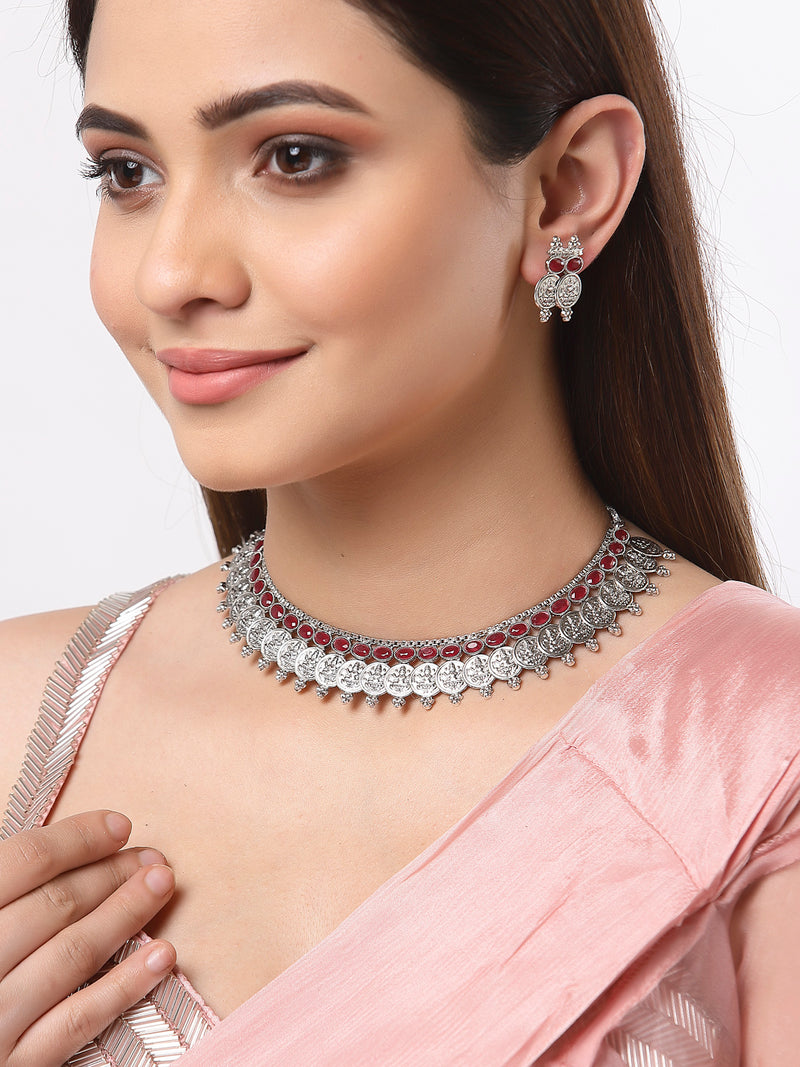 Temple Coin Rhodium-Plated with Silver-Tone Red Kundan-Studded  Jewellery Set