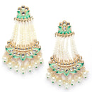 Gold-Plated White Pearls studded & Sea Green Enamelled Floral Shaped Drop Earrings