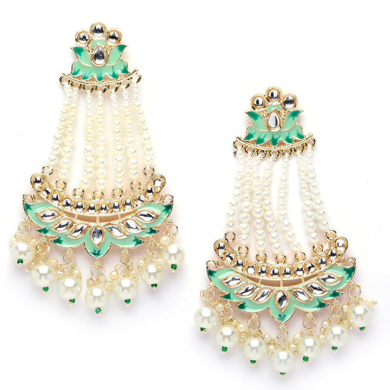 Gold-Plated White Pearls studded & Sea Green Enamelled Floral Shaped Drop Earrings