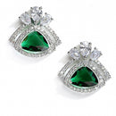 Green American Diamond Triangular Shaped Rhodium-Plated with Silver-Tone Studs Earrings