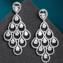 White American Diamond Rhodium-Plated with Silver-Tone Studded Leaf Shaped Drop Earrings