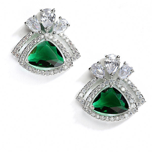 Green American Diamond Triangular Shaped Rhodium-Plated with Silver-Tone Studs Earrings