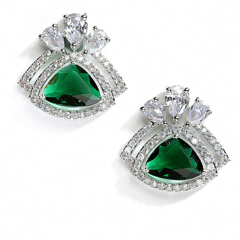 Green American Diamond Triangular Shaped Rhodium-Plated with Silver-Tone Studs Earrings