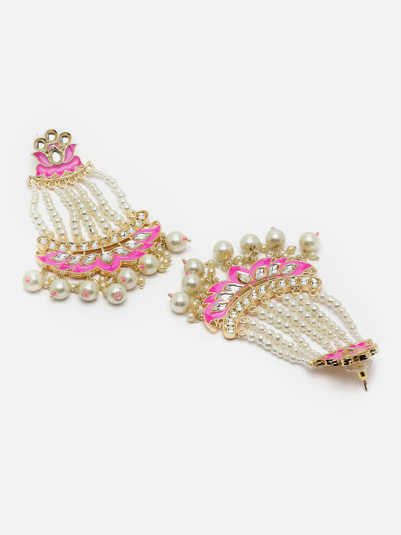 Gold-Plated White Pearls studded & Pink Enamelled Floral Shaped Drop Earrings