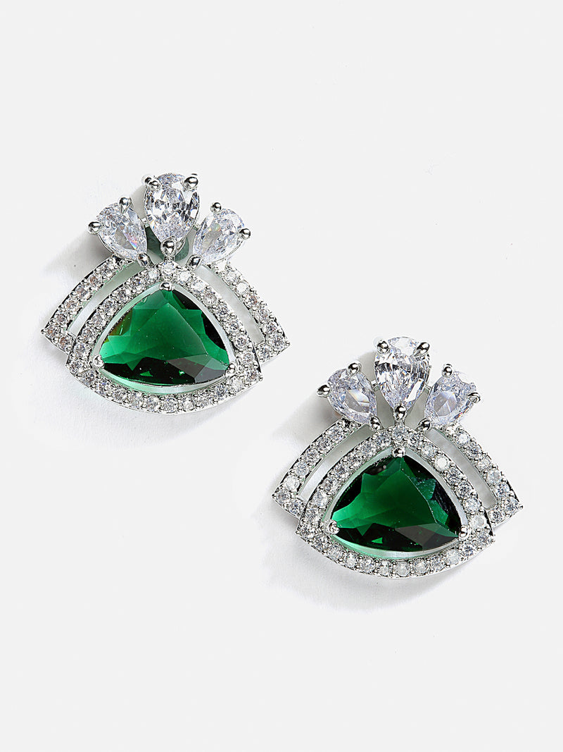 Green American Diamond Triangular Shaped Rhodium-Plated with Silver-Tone Studs Earrings