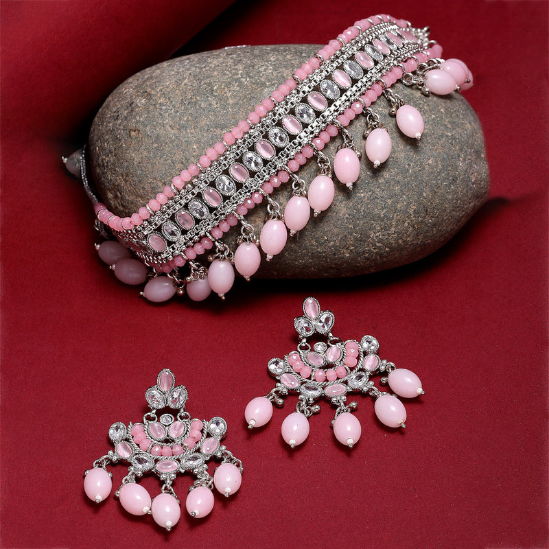 Rhodium-Plated with Silver-Tone Pink Kundan-Studded & Beaded Jewellery Set