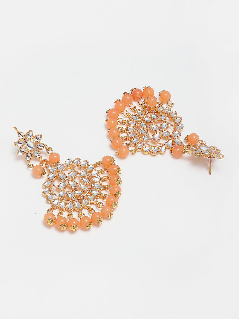 Orange Gold-Plated Kundan & Pearl Studded Handcrafted Maang Tika & Earrings Set