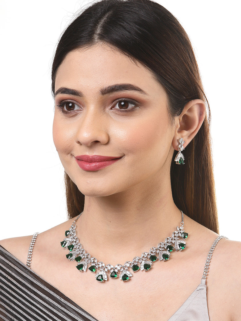 Rhodium-Plated with Silver-Tone Green American Diamond Studded Contemporary Design Jewellery Set