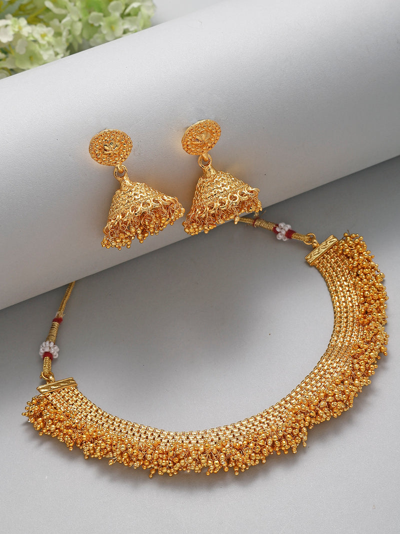 Traditional Gold Plated Temple Design Collar Necklace and Earrings Jewellery Set