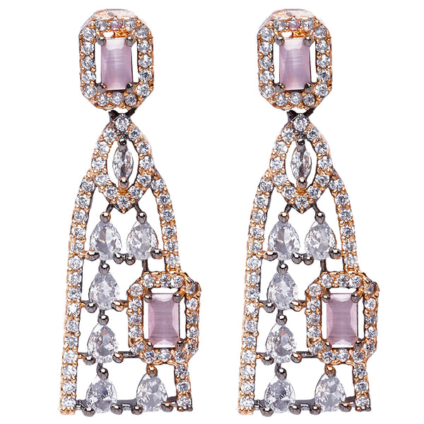 Rose Gold-Plated Gunmetal Toned Pink American Diamond studded Classic Drop Earrings