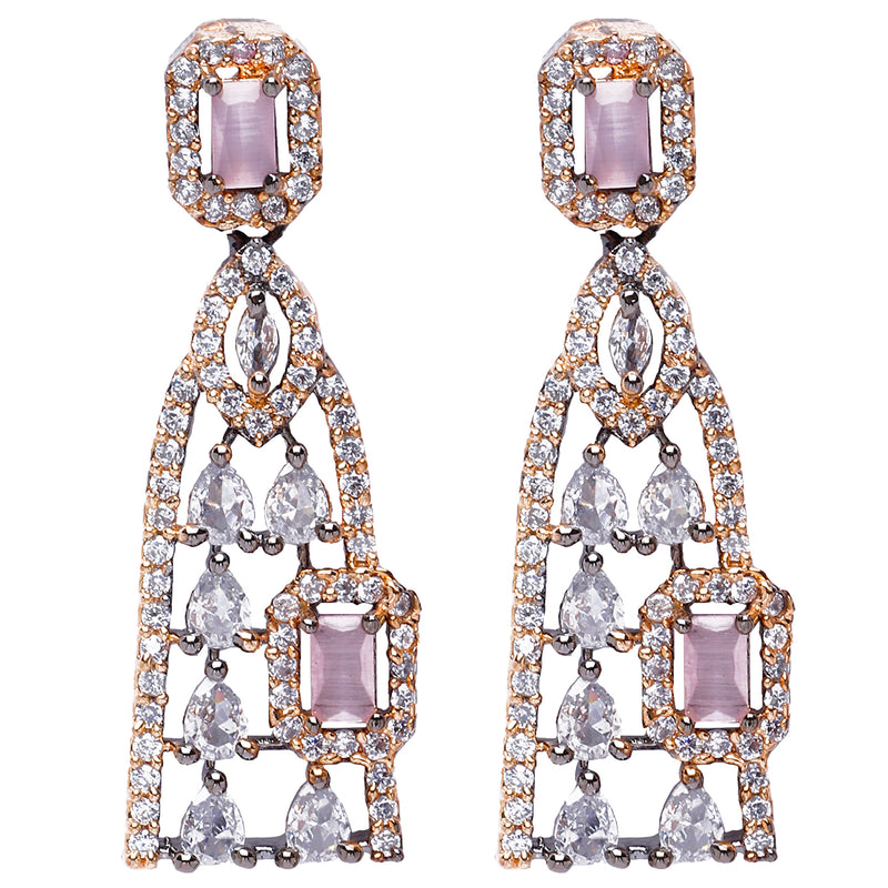 Rose Gold-Plated Gunmetal Toned Pink American Diamond studded Classic Drop Earrings