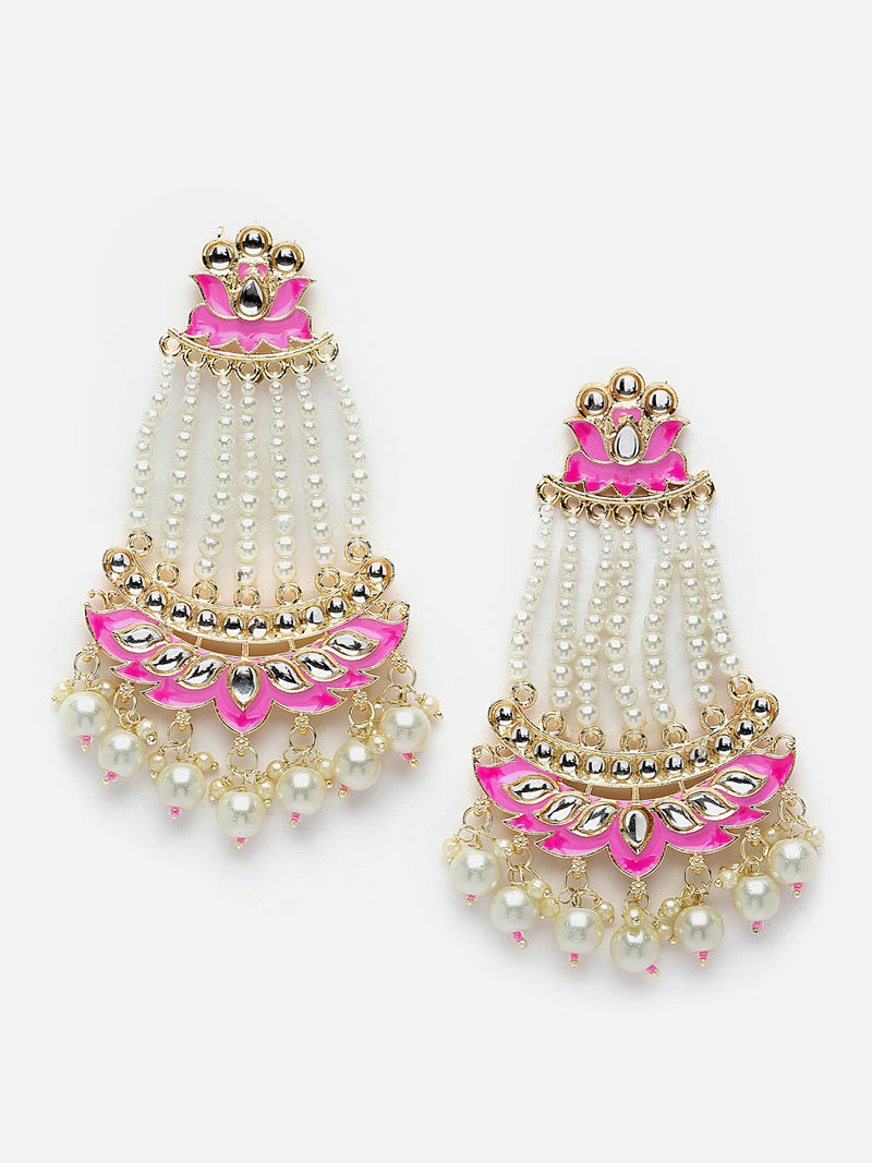 Gold-Plated White Pearls studded & Pink Enamelled Floral Shaped Drop Earrings