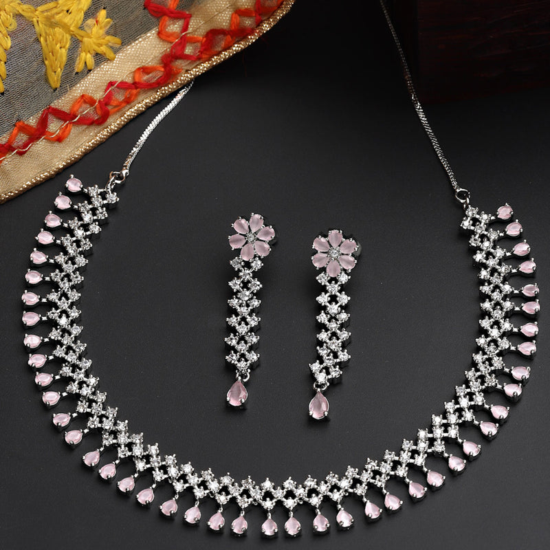 Rhodium-Plated with Silver-Tone Pink American Diamond-Studded Jewellery Set
