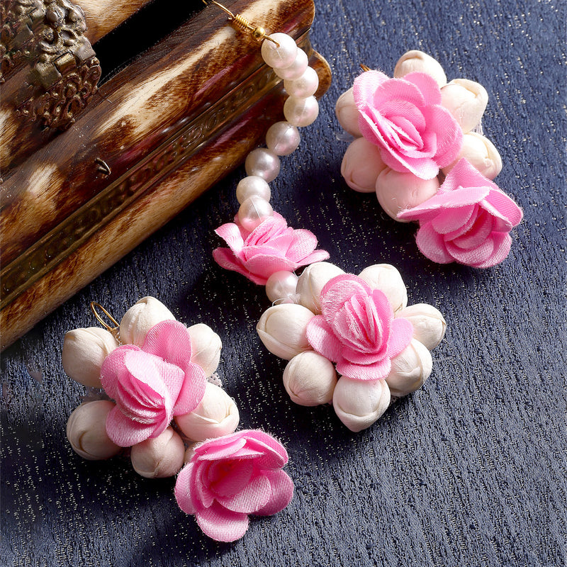 Gold-Plated Pearl White & Pink Gota Patti Flower Maang Tikka Set