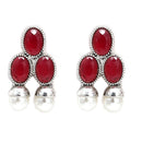 Rhodium-Plated with Oxidised Silver-Tone Red American Diamond-Studded & Pearl Beaded Jewellery Set