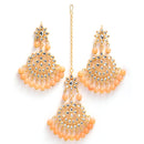 Gold-Plated Orange Pearl & Kundan Studded Maang Tikka With Earrings