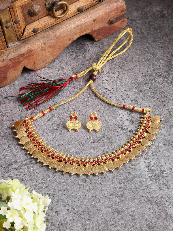 Gold Plated Traditional Red Temple Coin Necklace Set With Earrings