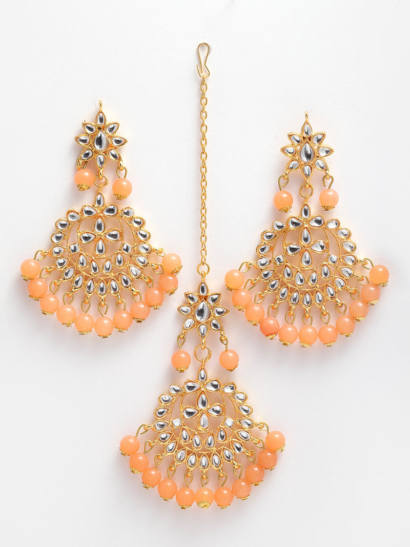 Orange Gold-Plated Kundan & Pearl Studded Handcrafted Maang Tika & Earrings Set