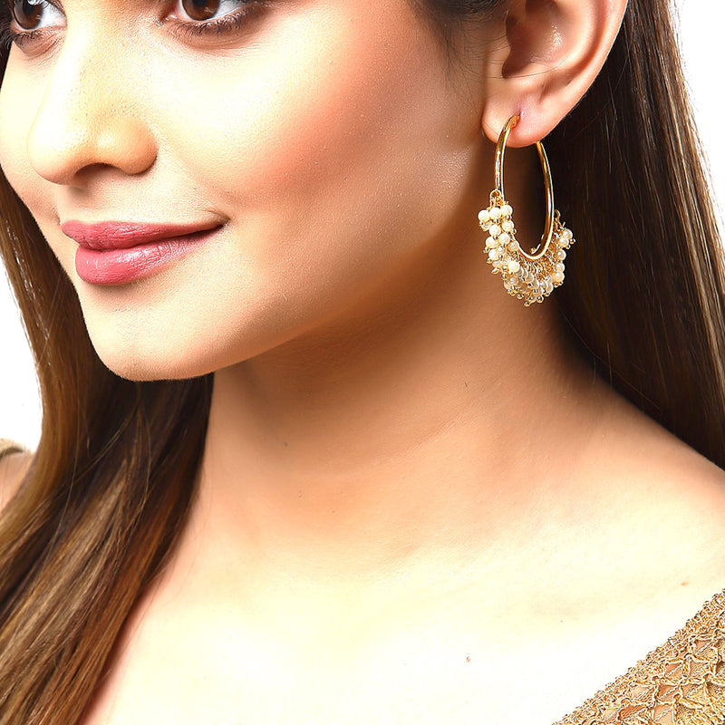 White & Gold-Toned Cubic Zirconia Contemporary Hoop Earrings