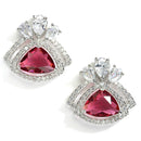 Red American Diamond Triangular Shaped Rhodium-Plated with Silver-Tone Studs Earrings