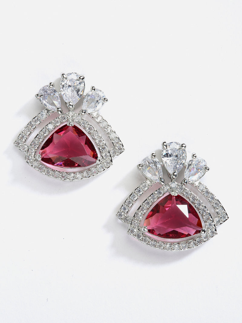 Red American Diamond Triangular Shaped Rhodium-Plated with Silver-Tone Studs Earrings