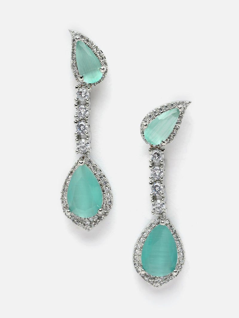 Rhodium-Plated Sea Green & White American Diamond studded Teardrop Shaped Classic Drop Earrings