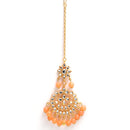 Gold-Plated Orange Pearl & Kundan Studded Maang Tikka With Earrings