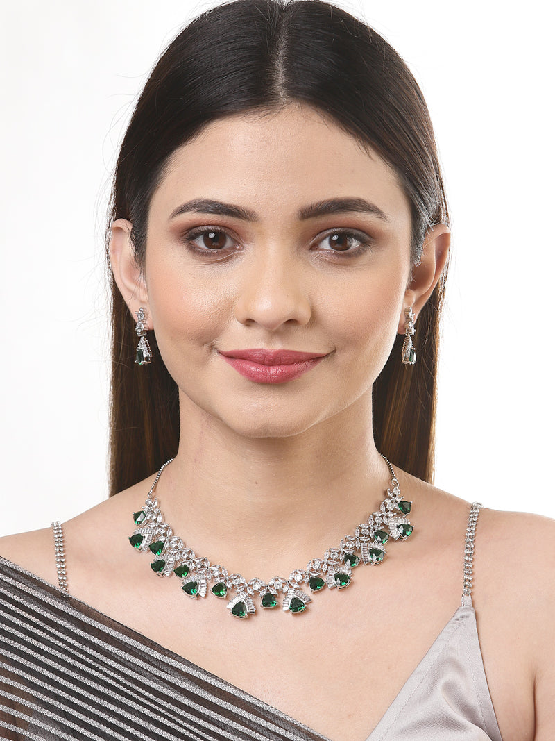 Rhodium-Plated with Silver-Tone Green American Diamond Studded Contemporary Design Jewellery Set