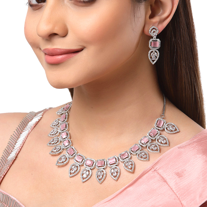 Pink & Silver-Toned & Plated Crystal Studded Leaf Shaped Jewellery Set