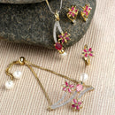 Flower and Leaf Shape Gold-Plated White & Pink Cubic Zirconia Stone-Studded Pendant Jewellery Set Combo