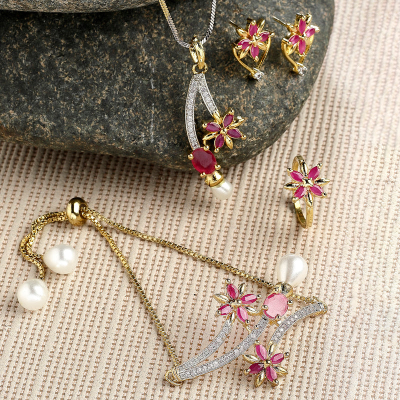 Flower and Leaf Shape Gold-Plated White & Pink Cubic Zirconia Stone-Studded Pendant Jewellery Set Combo