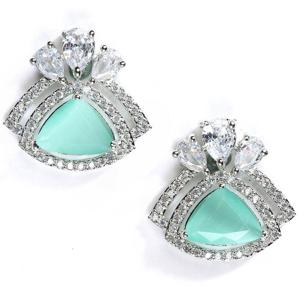 Sea Green American Diamond Triangular Shaped Rhodium-Plated with Silver-Tone Studs Earrings