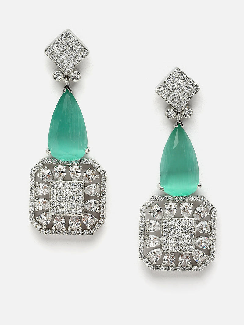 Rhodium-Plated Sea Green & White American Diamond studded Square & Teardrop Drop Earrings