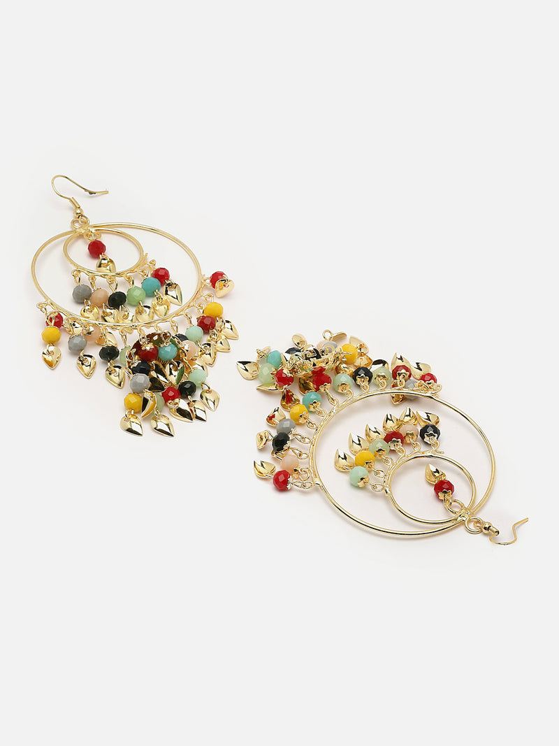 Gold-Plated Multi-Coloured Artificial Stones studded Circular Layered Drop Earrings